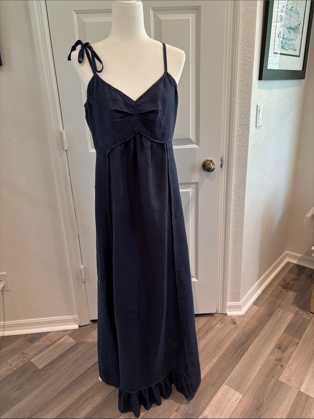 Juicy Couture Linen Navy Tie-Shoulder Maxi Dress